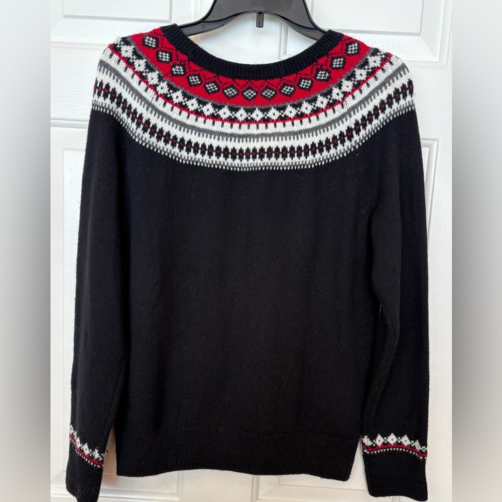 Talbots Sweater M Black Red Nordic Ski Fair Isle Pullover Wool Blend - Picture 2 of 4